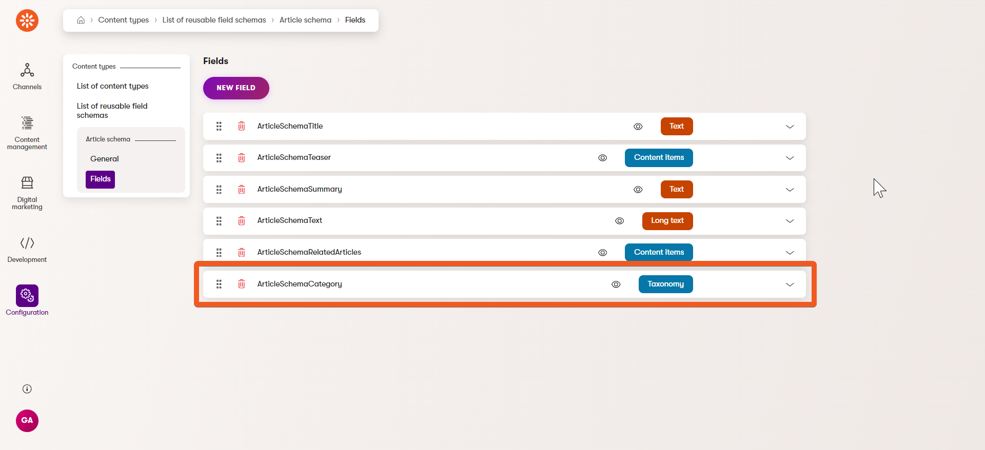 Taxonomy field in the Article schema in Xperience administration