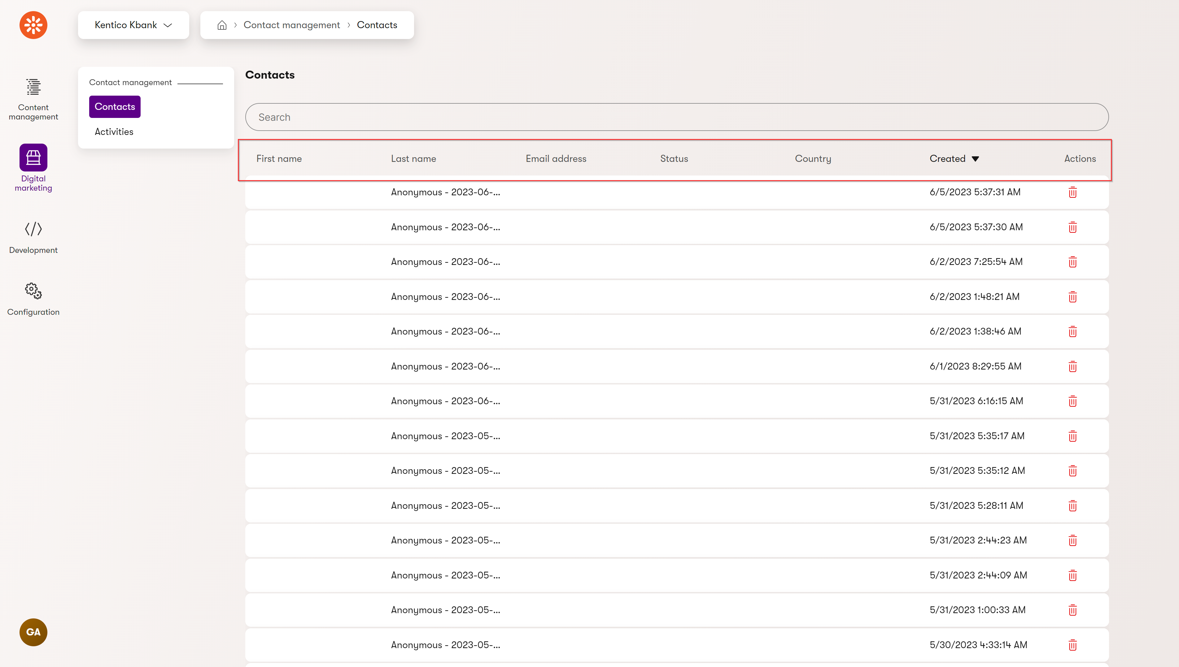 Contact’s values in the Contact management application