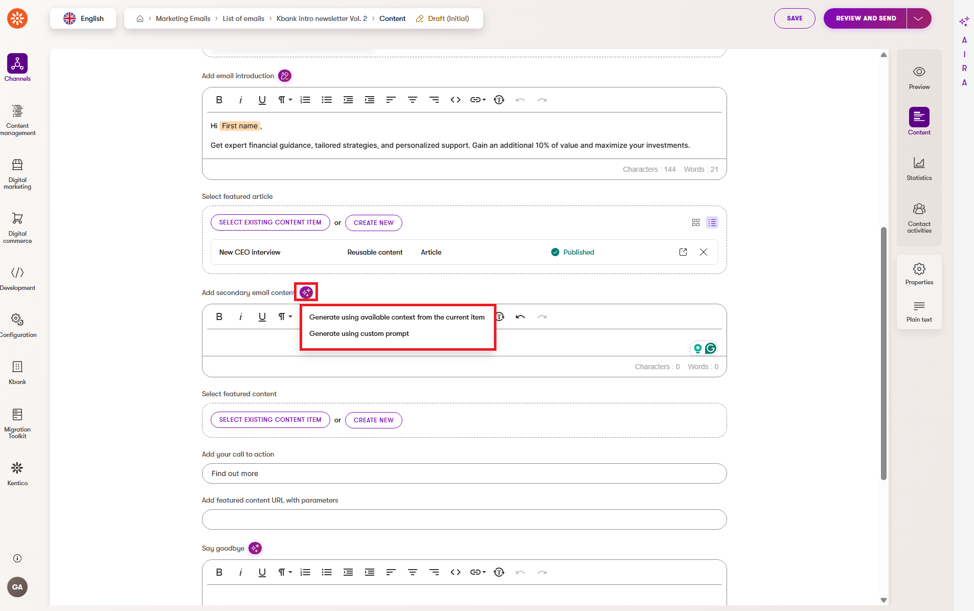 Generate email content using AIRA