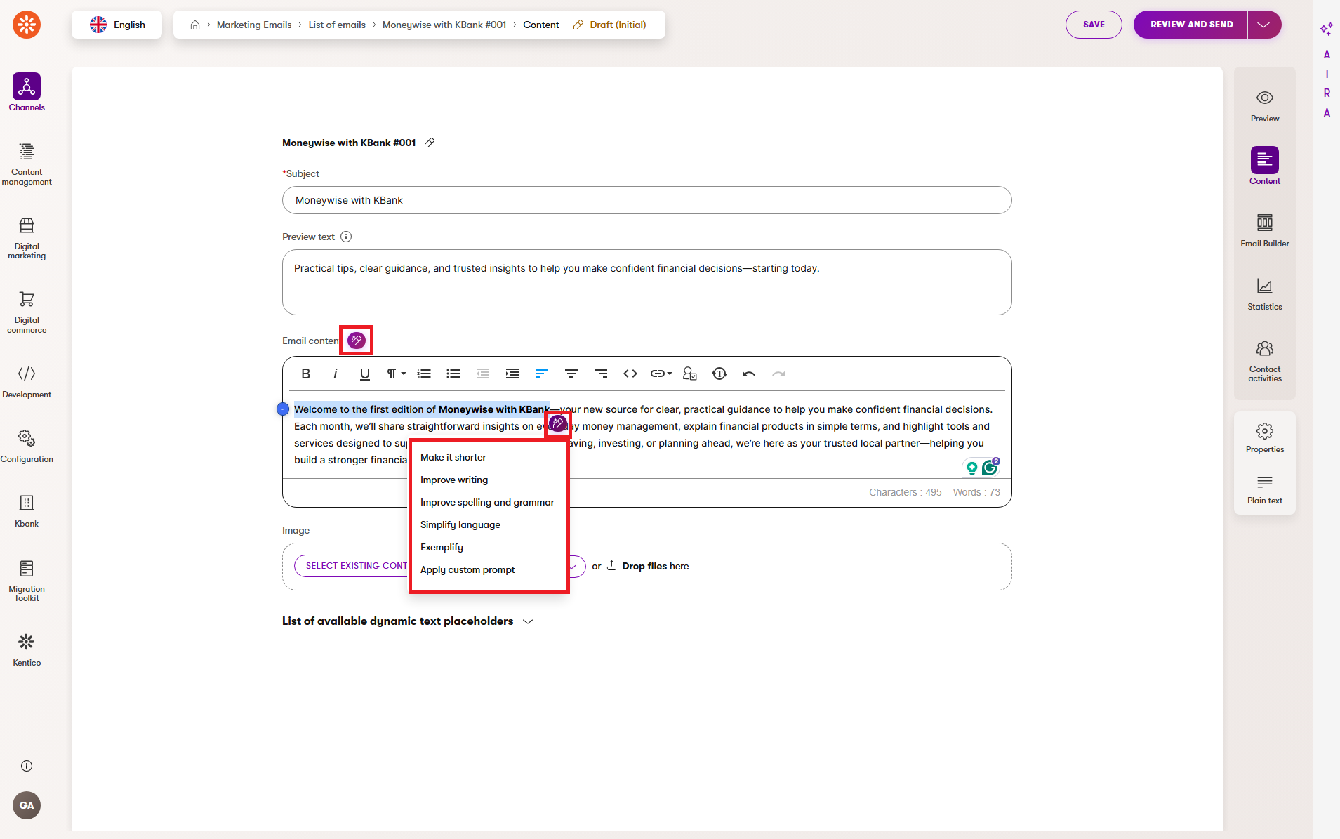 Partial email content refinement