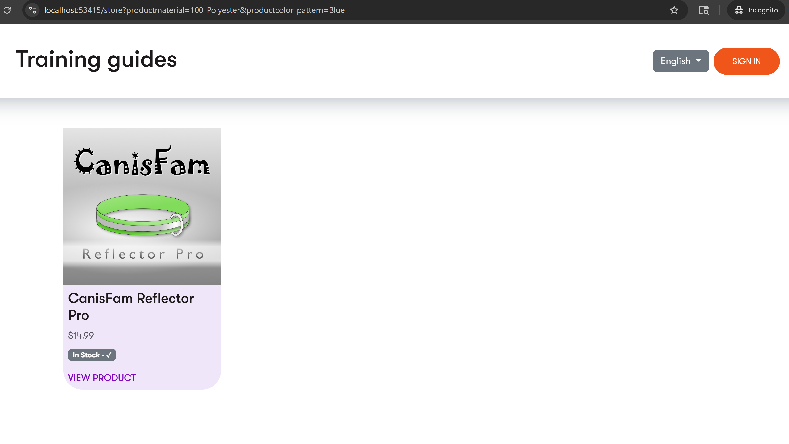 Product listing page in Training guides showing AND filter results with one dog collar: CanisFam Reflector Pro (100% polyester, blue) after filtering by polyester material AND blue color