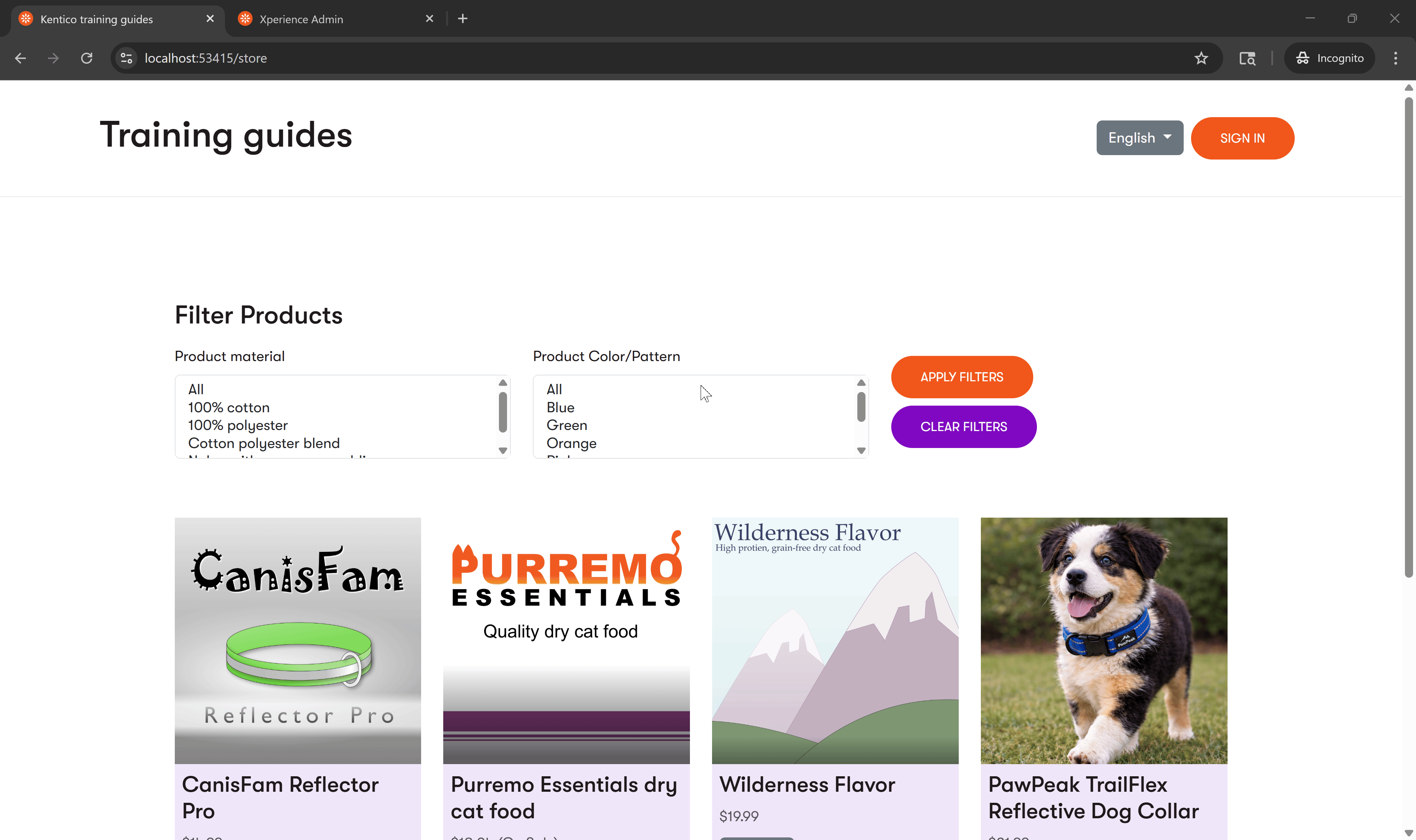Animated overview of faceted filtering on the Training guides product listing page — a customer selects material and color filters from dropdown menus, the product list narrows to matching results, and clearing the filters restores the full listing