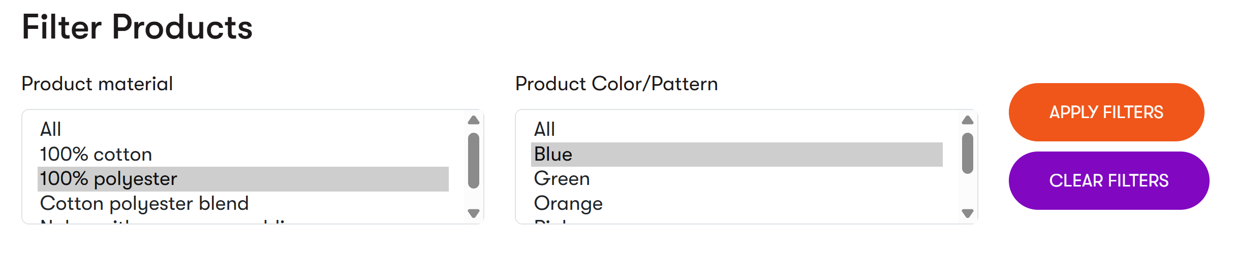 Simple filters in the Training guides ‘Product listing’ widget