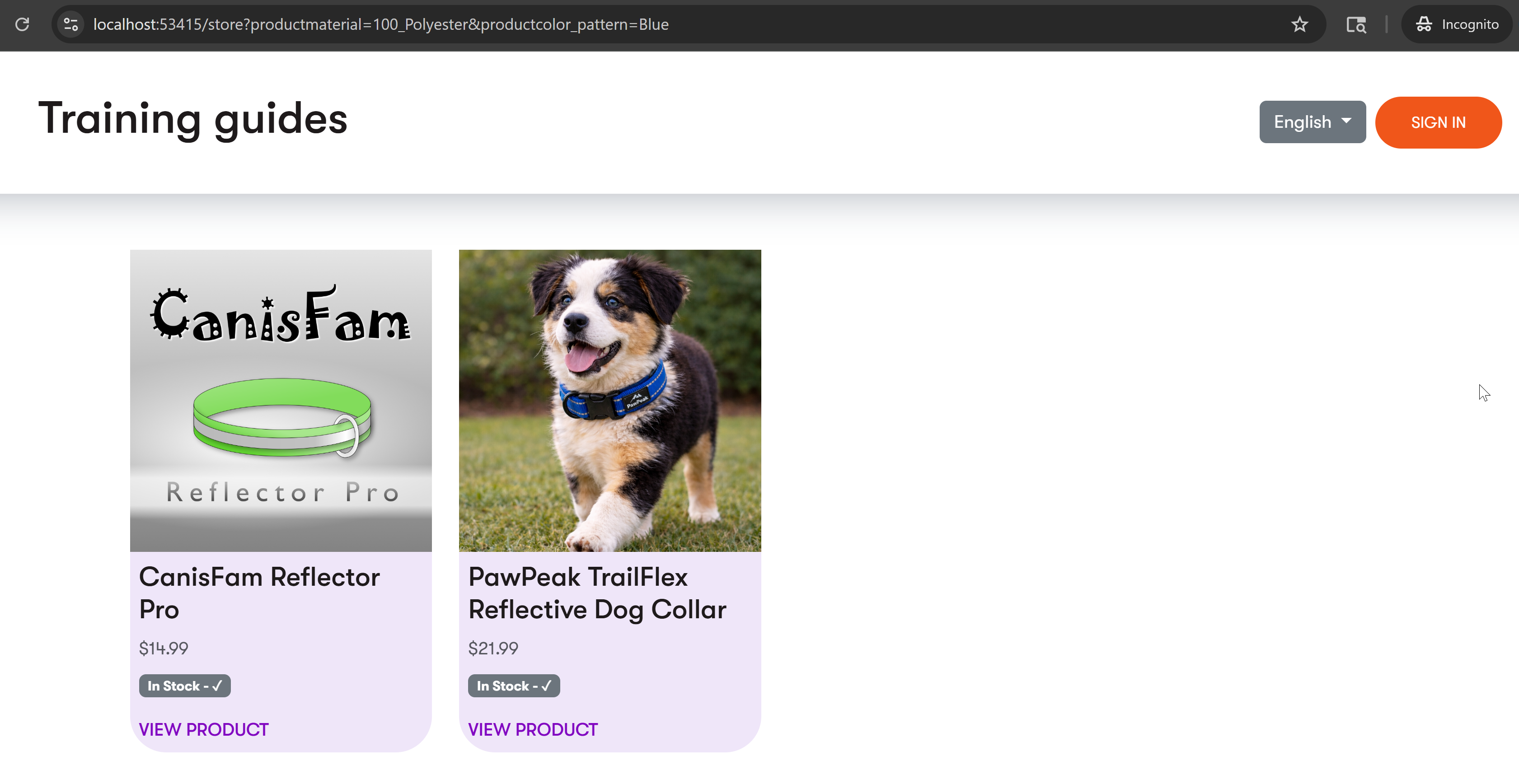 Product listing page in Training guides showing OR filter results with two dog collars: CanisFam Reflector Pro (100% polyester, blue) and PawPeak TrailFlex Reflector (different material, blue) after filtering by polyester material OR blue color