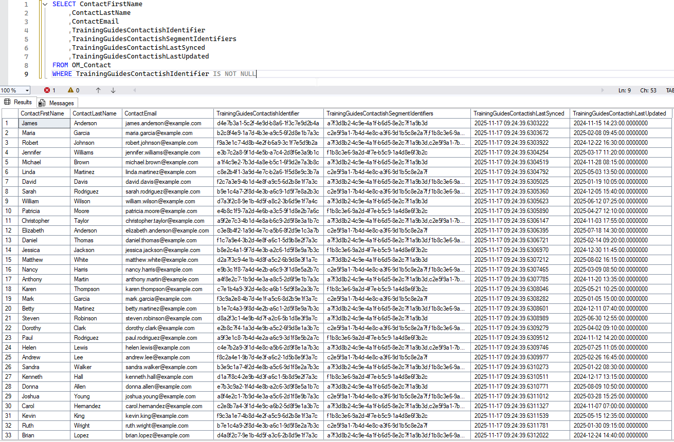 Screenshot of resulting imported contacts in the database