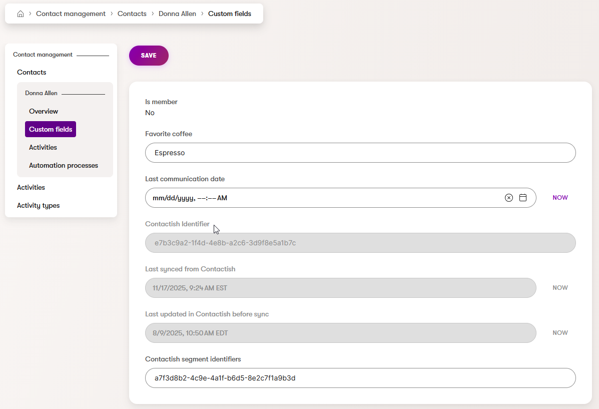 Screenshot of resulting imported contacts in the UI