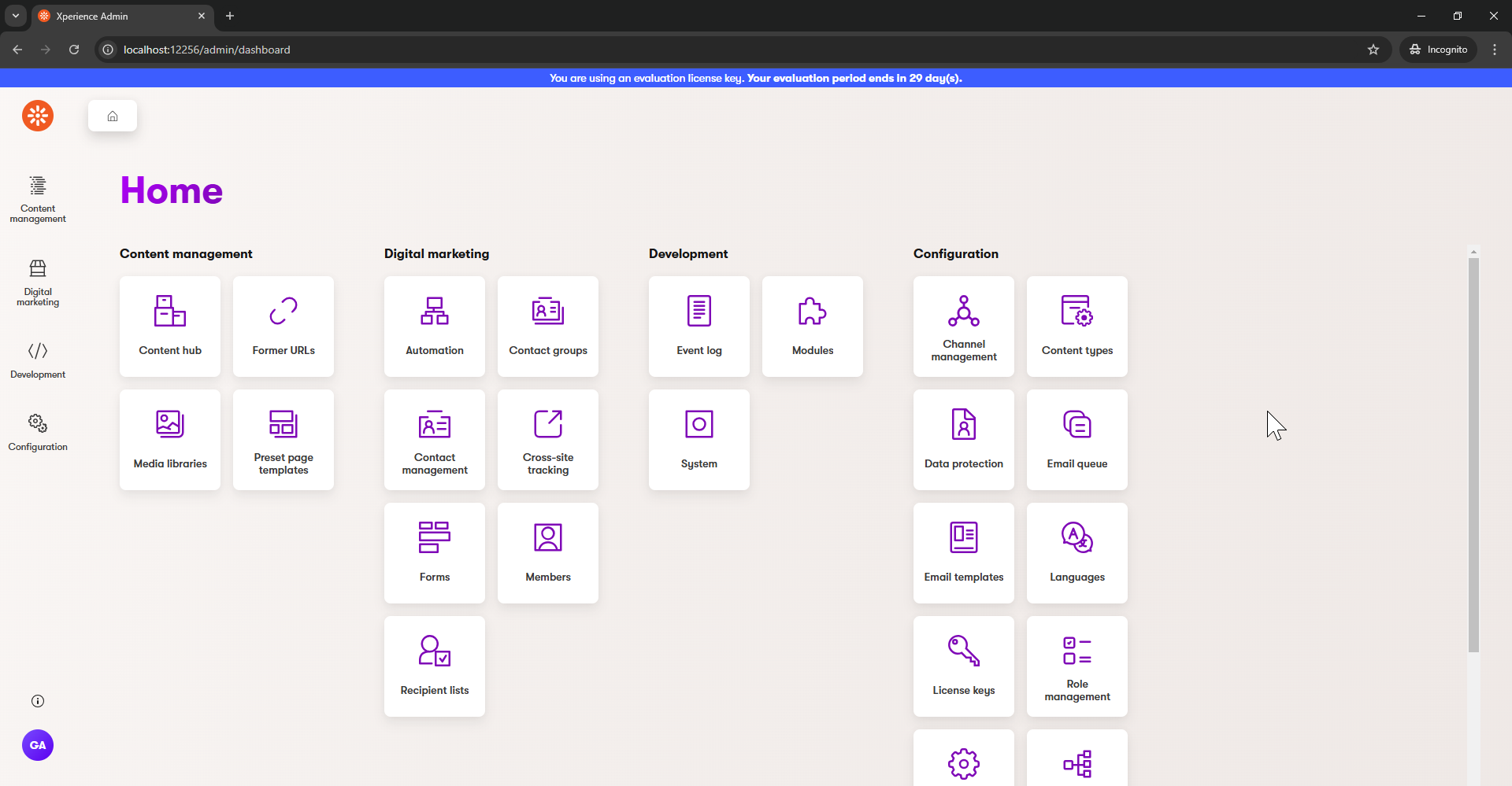 Xperience administration dashboard after logging in as an ‘administrator’ user