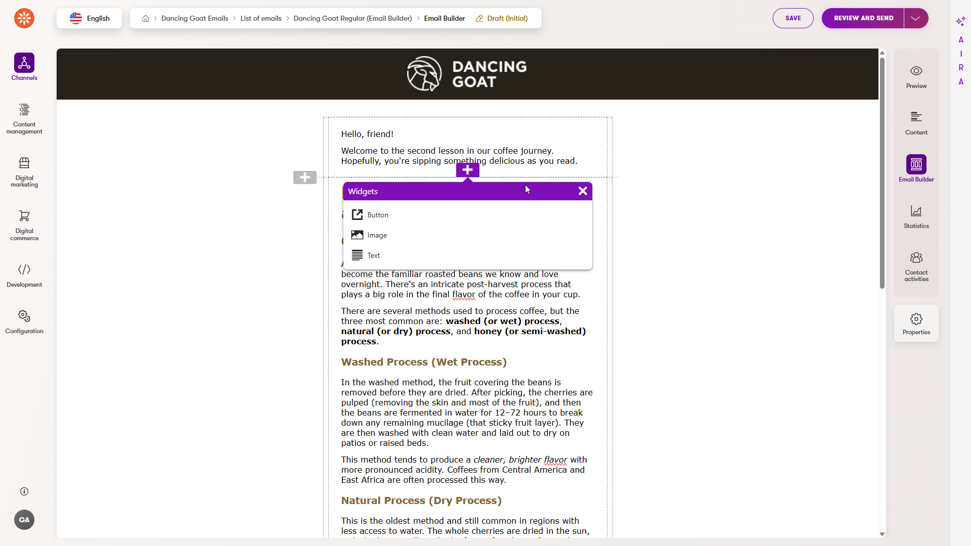 Newsletter email with Email builder in the Dancing Goat demo site