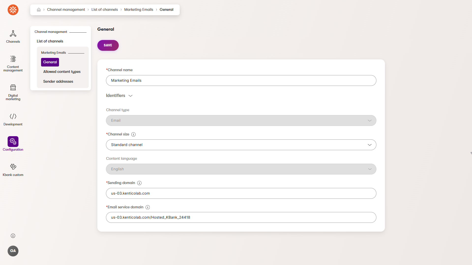 Marketing emails channel settings in Kbank demo site