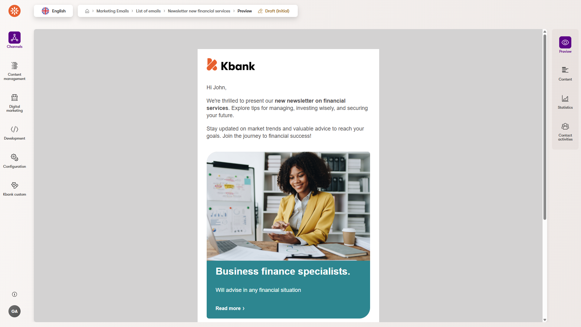 Sample newsletter email in Kbank demo site