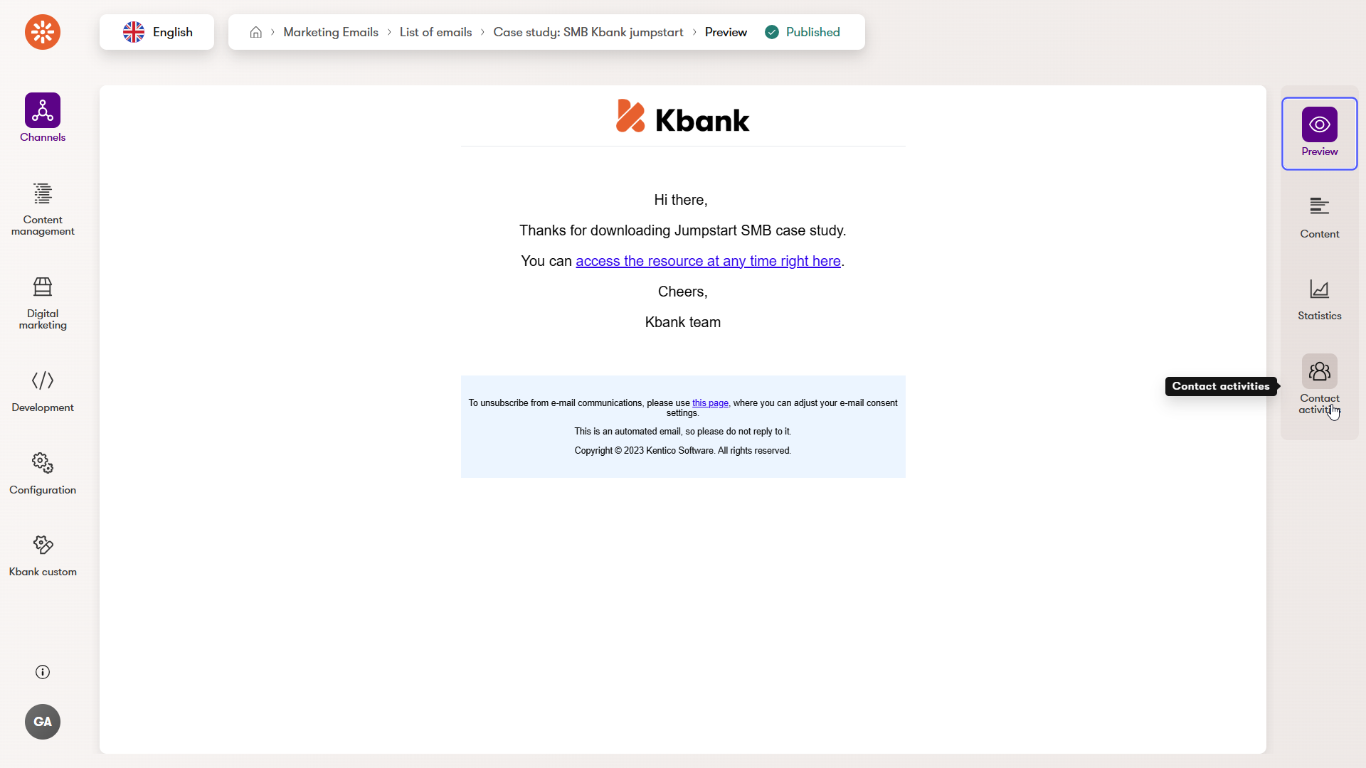 Sample autoresponder email on the Kbank demo site