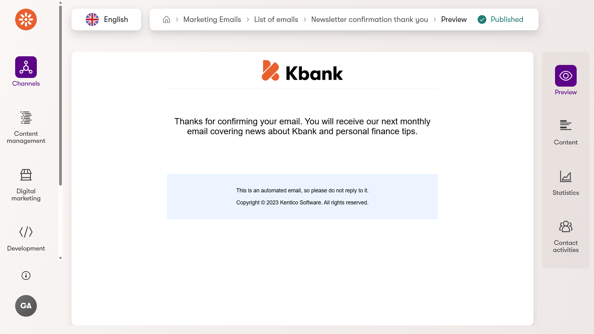 Sample subscription confirmation email in Kbank demo site