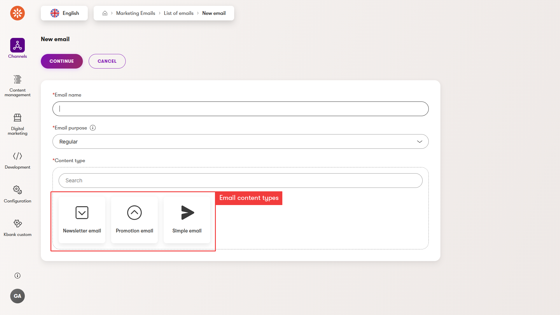 Different email content types in Kbank demo site