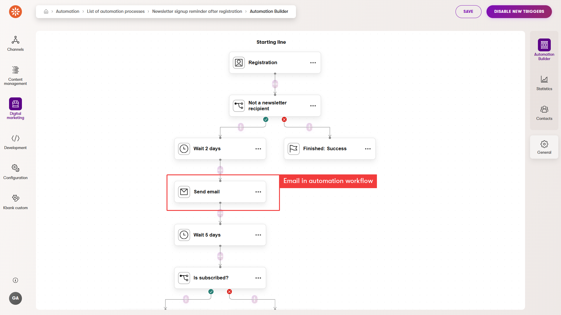 Sample automation flow triggered by membership registration that sends an email to members who are not subscribed to Kbank demo newsletter.