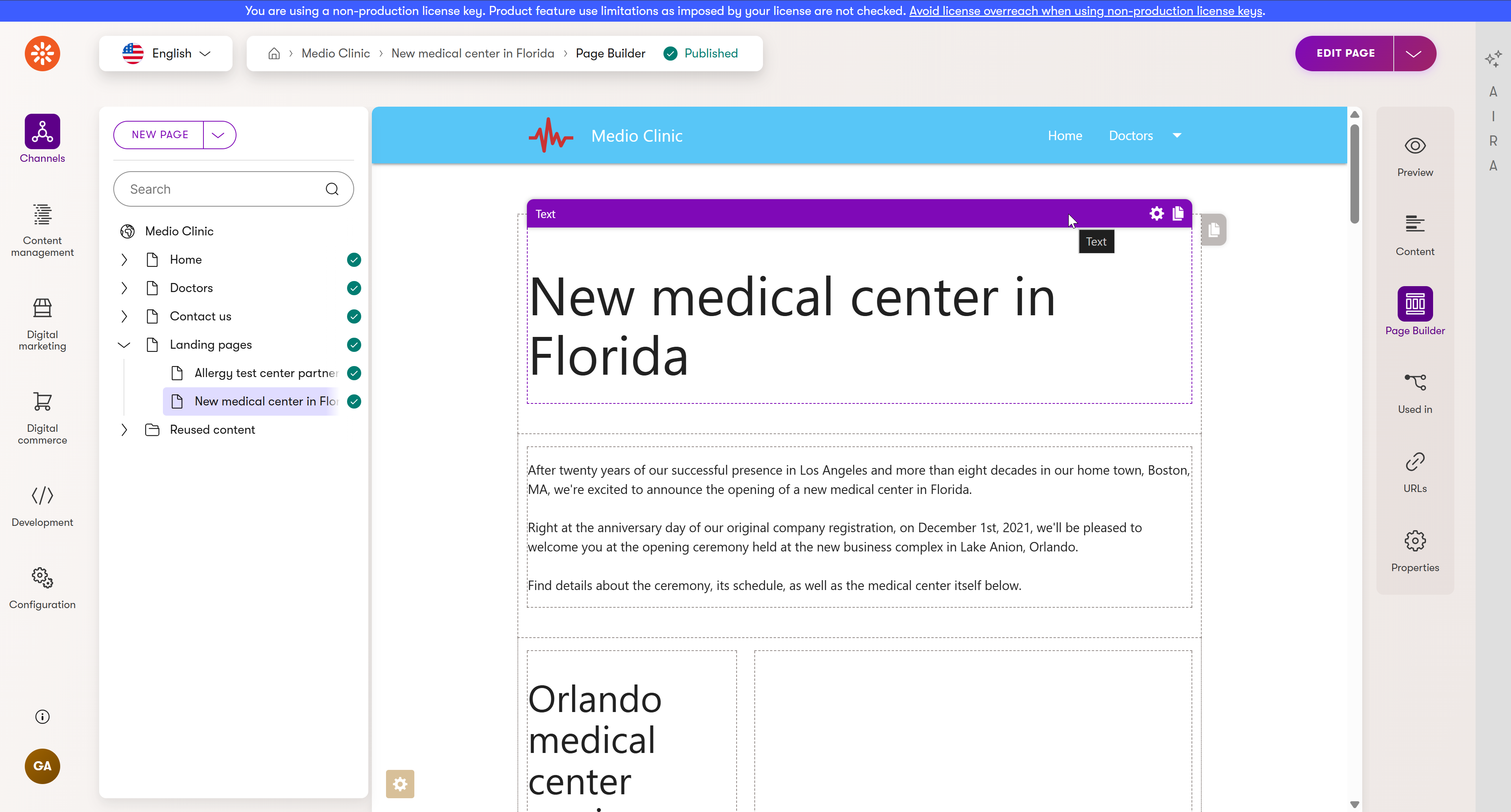 Page Builder tab enabled in Xperience by Kentico administration