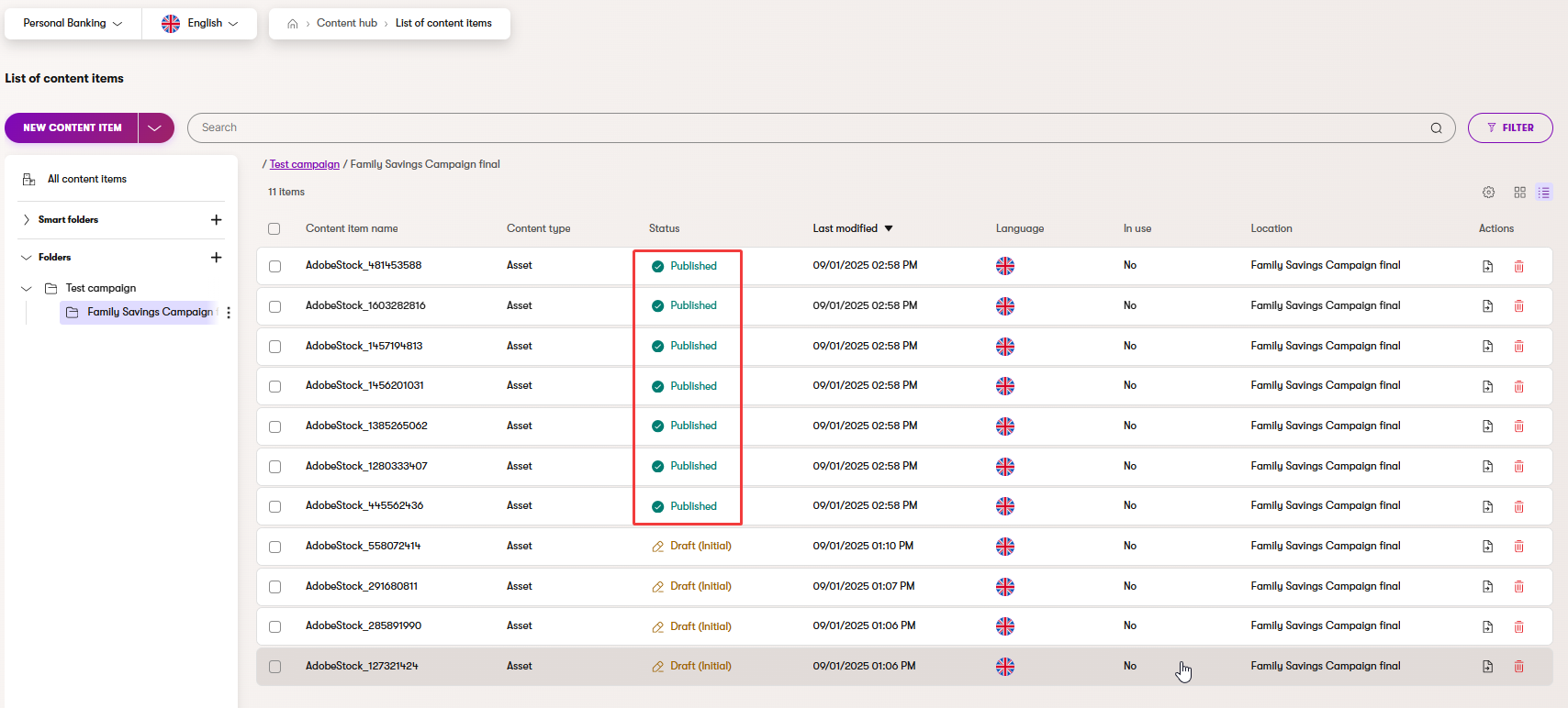 Published assets status
