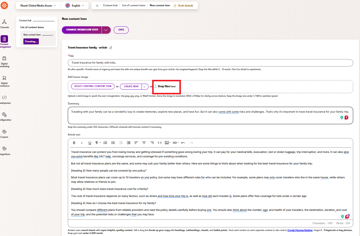 Smart drag and drop asset upload