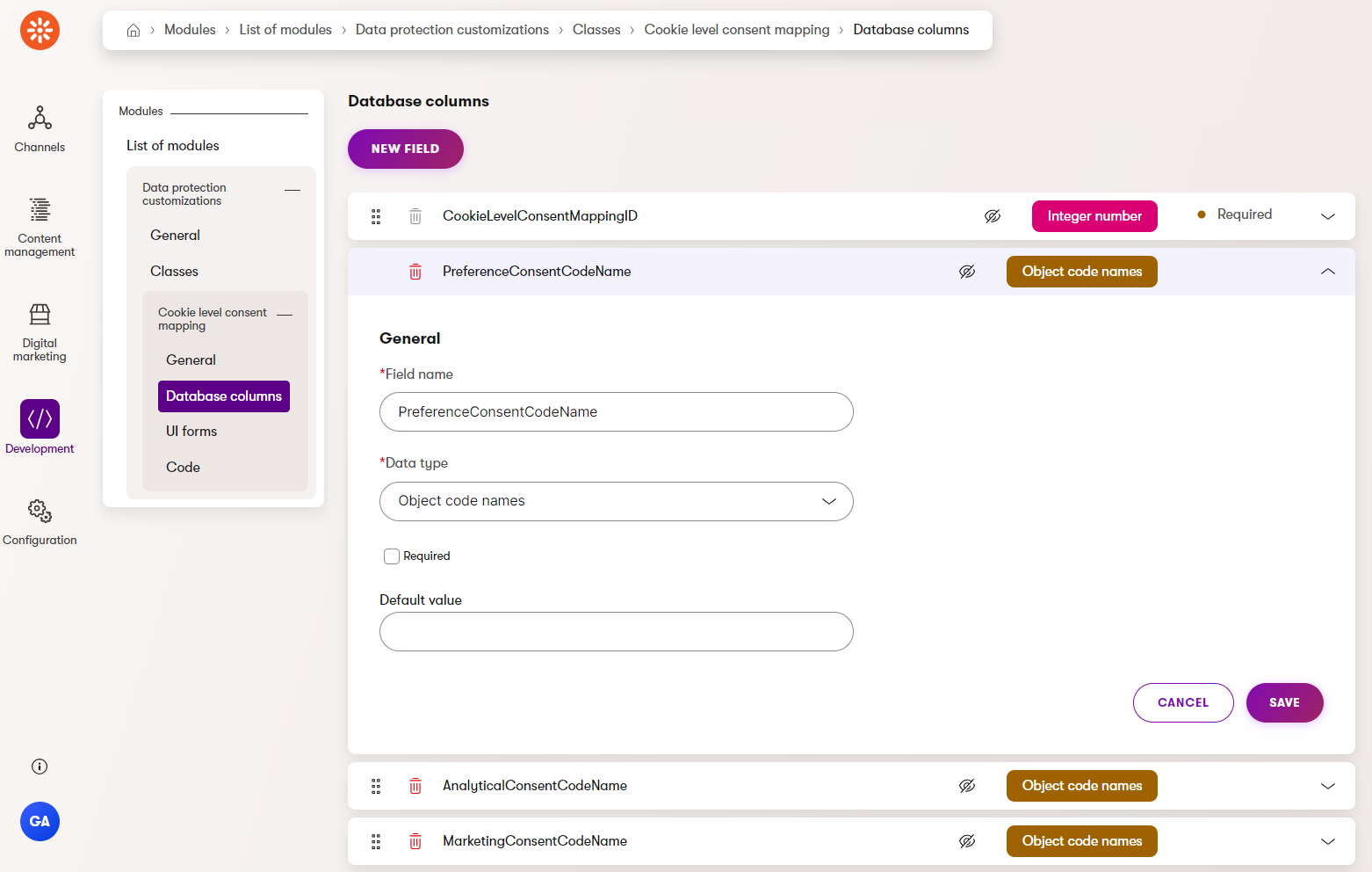 Screenshot of database fields editing page