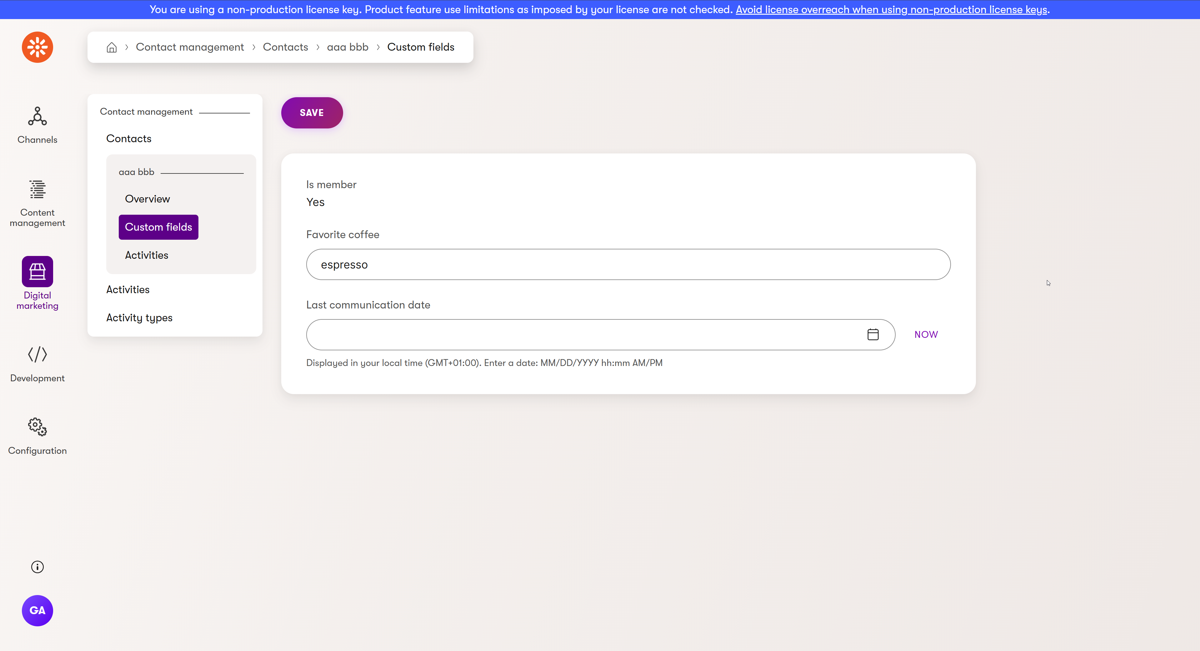 Shows the custom contact fields filled out according to the member data