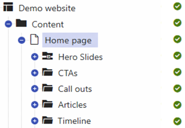 An example of page tree in Kentico Xperience 13 showing folders under the Homepage