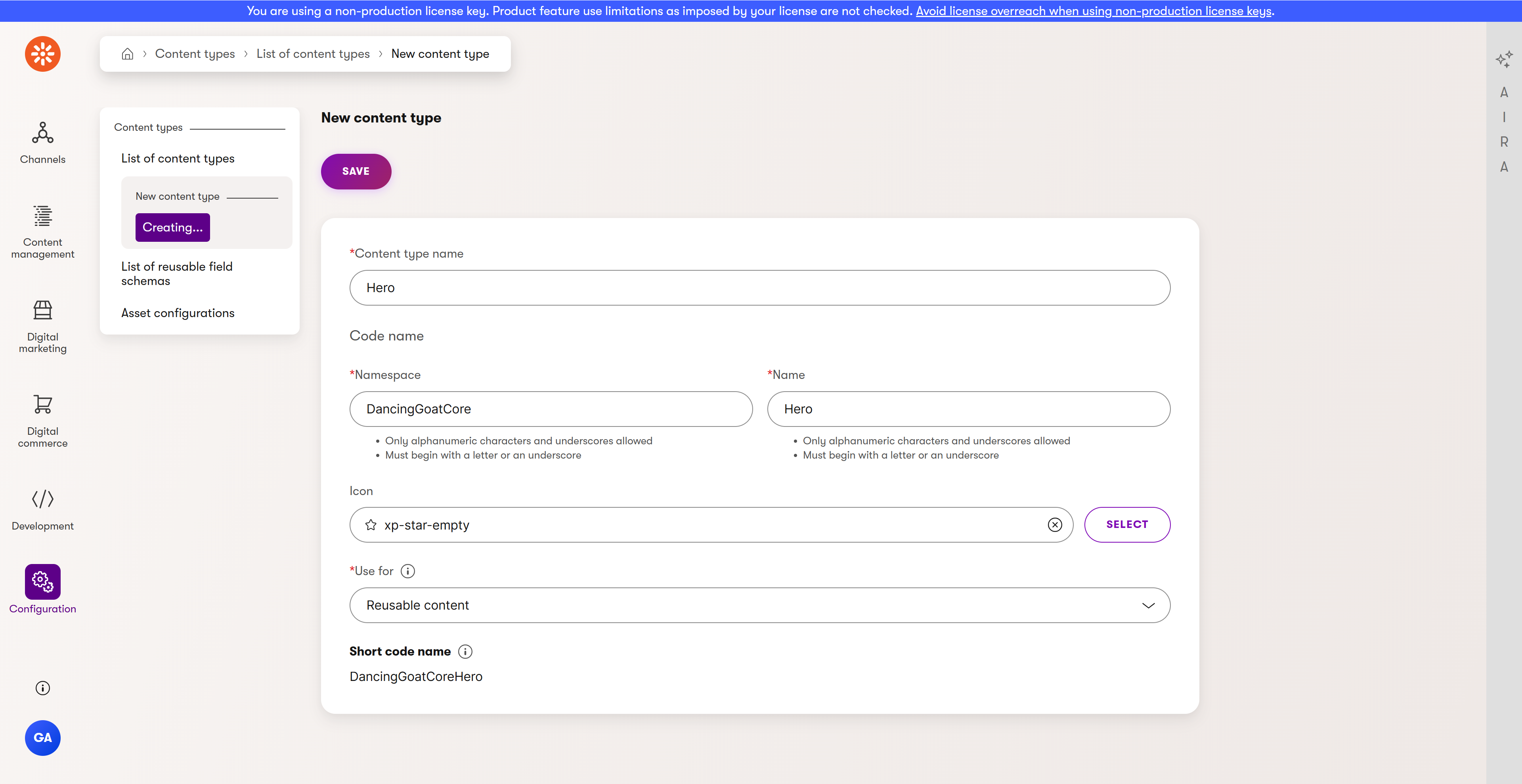 Hero reusable content type in the Xperience administration - general properties