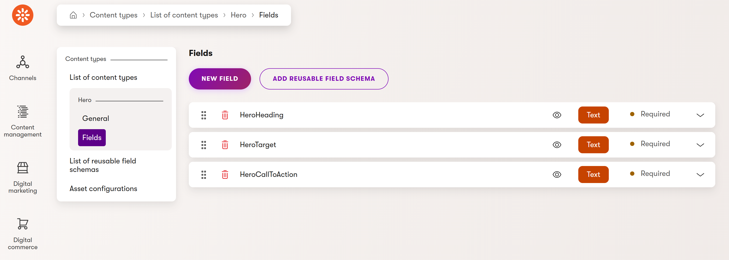 Hero reusable content type in the Xperience administration - fields