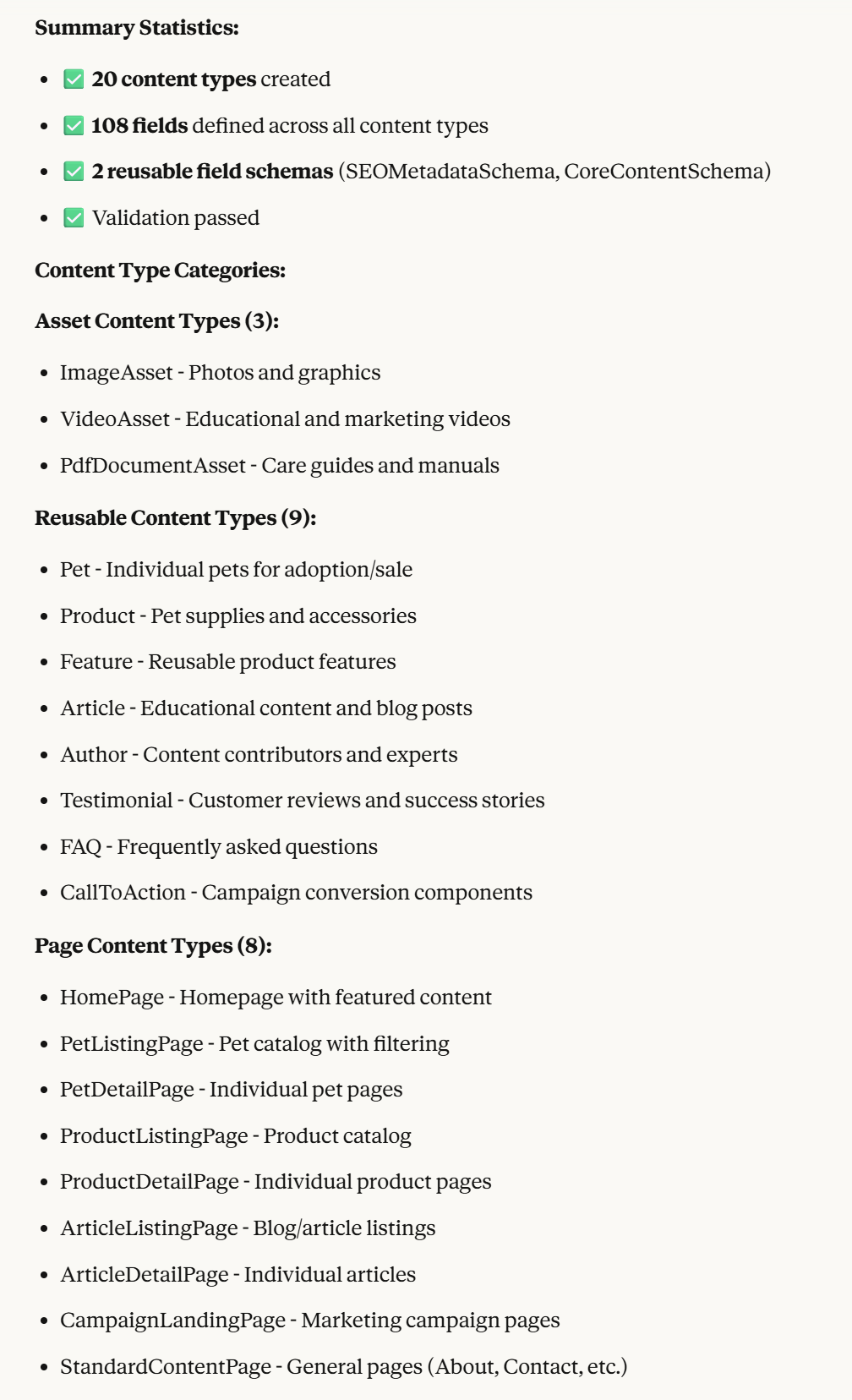 Overview of content types the MCP server suggests based on the project requirements