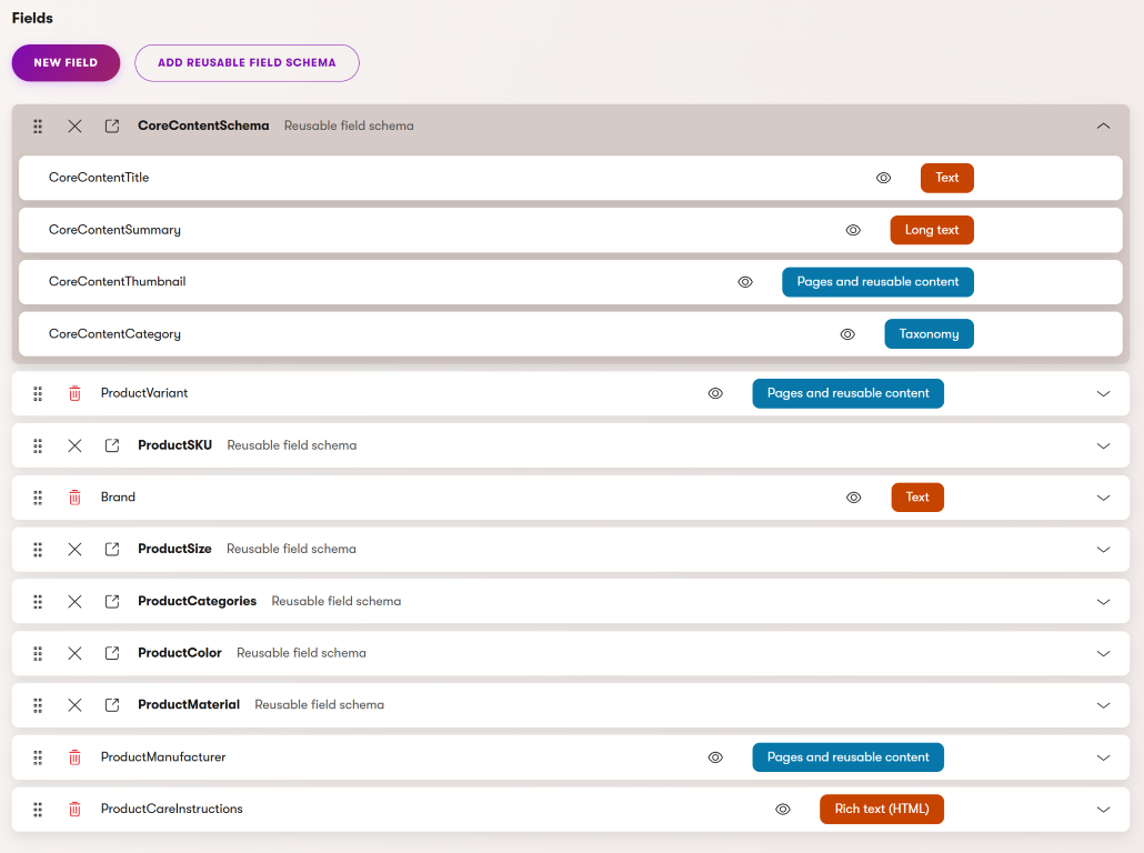 Composition of reusable fields schemas and dedicate product fields in Product SKU