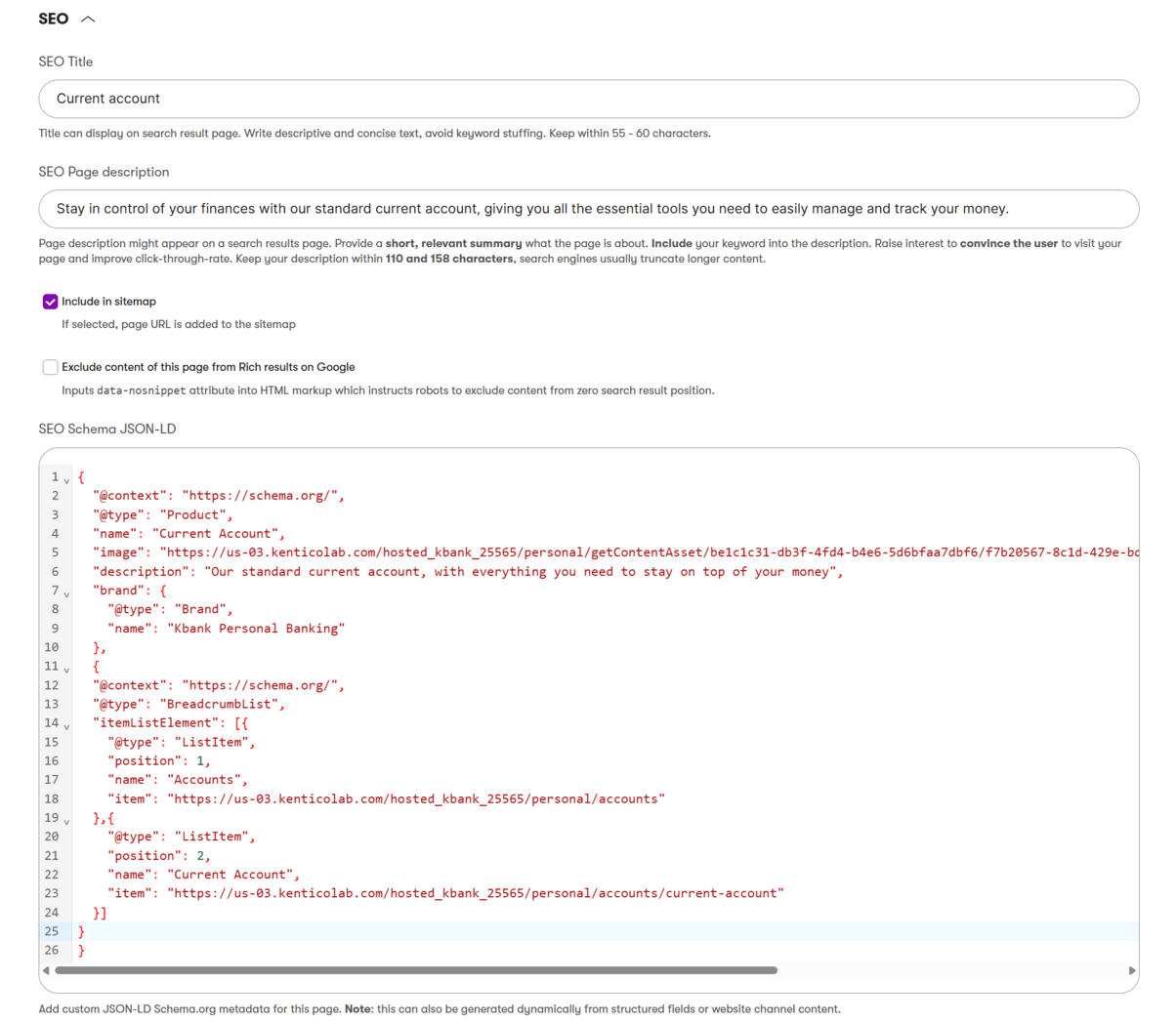 Demo SEO fields in the Kbank’s Current Account page