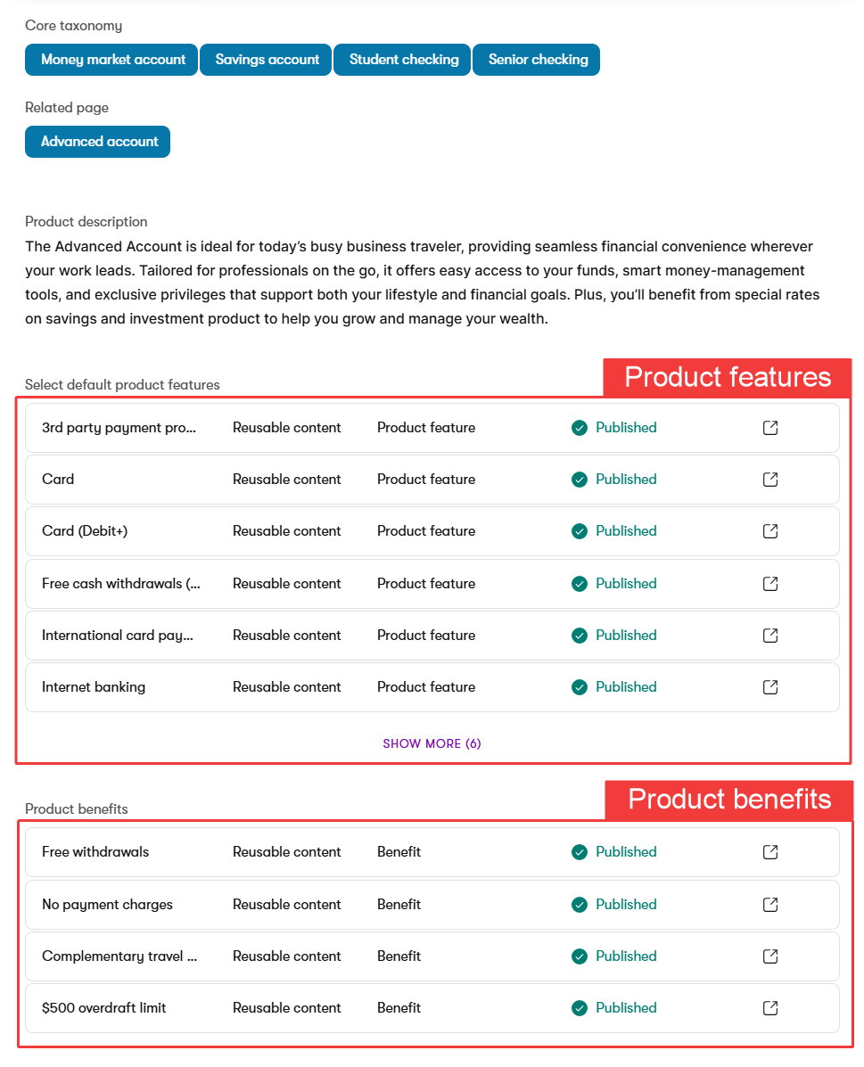 Linked product features and benefits in the Advanced account on the Kbank demo site