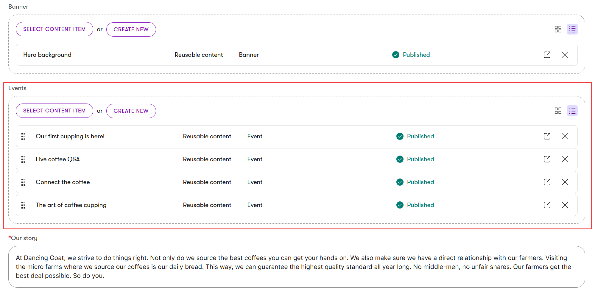 Dancing Goat Event selector on Home page