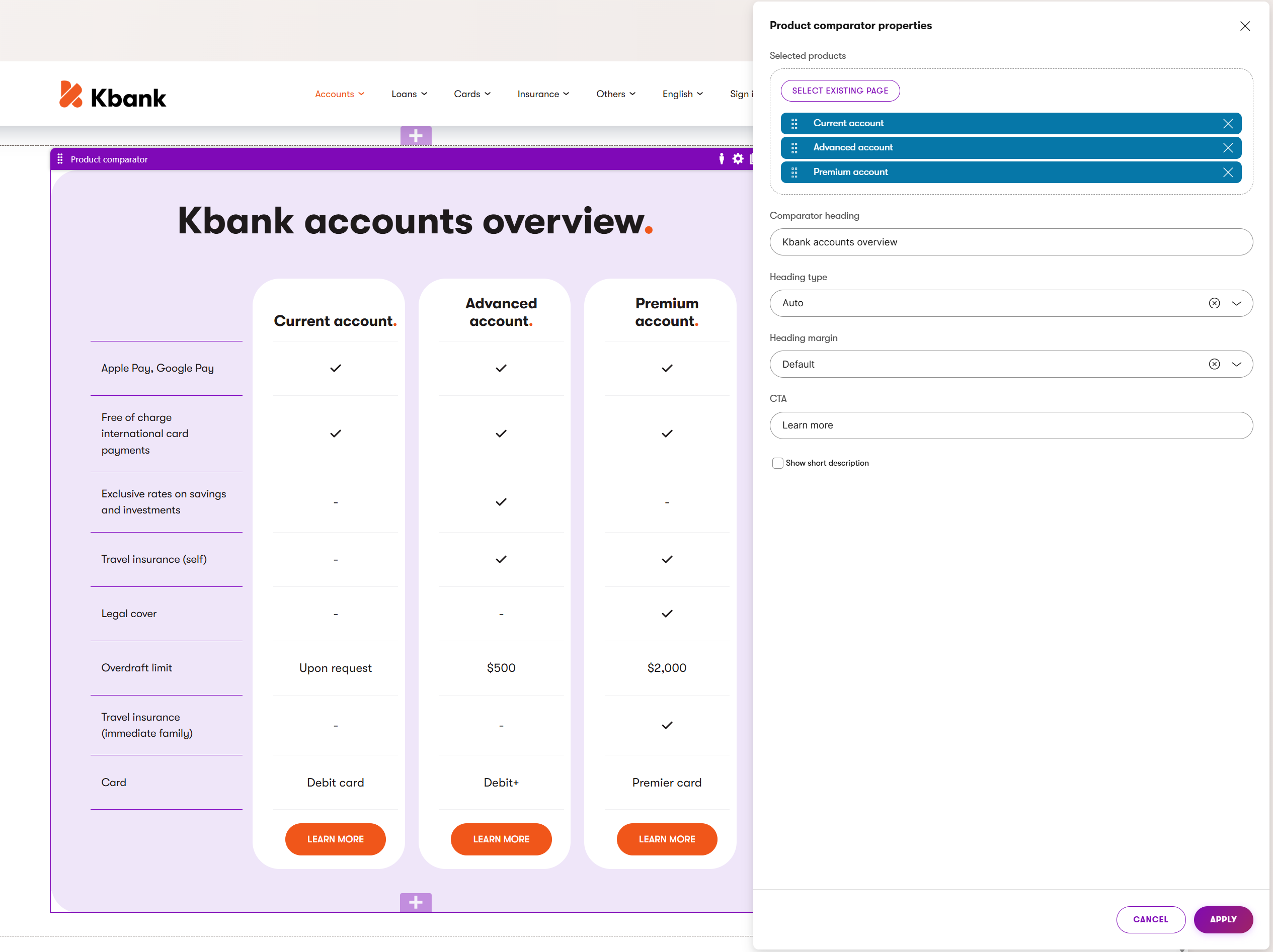 Product comparator widget on Kbank