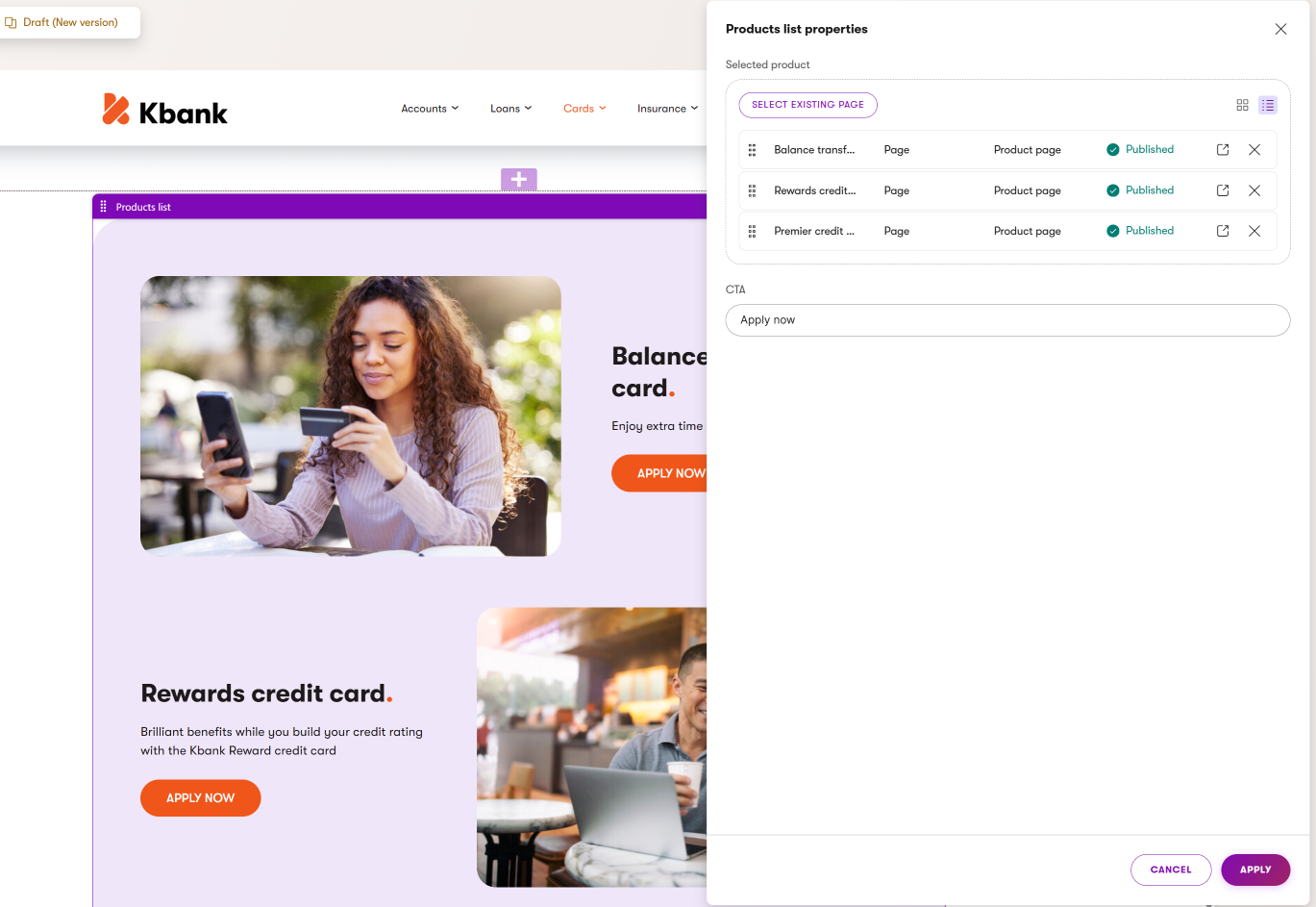 Product listing widget on Kbank demo site
