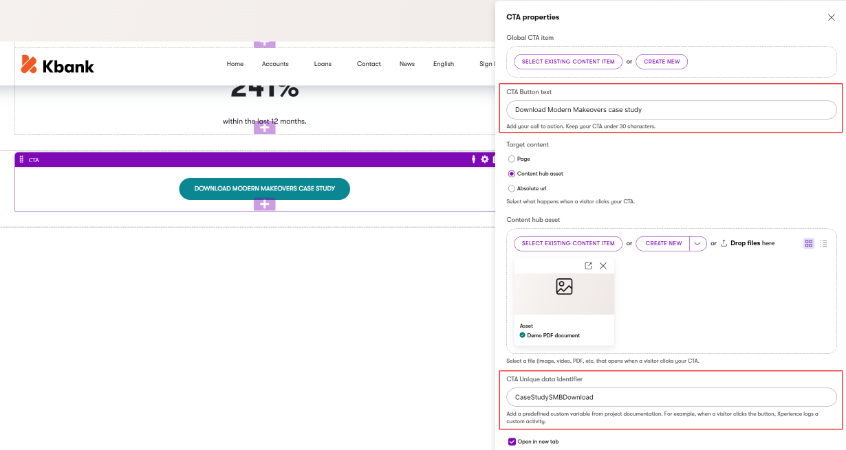 Call-to-action widget on the Kbank demo site