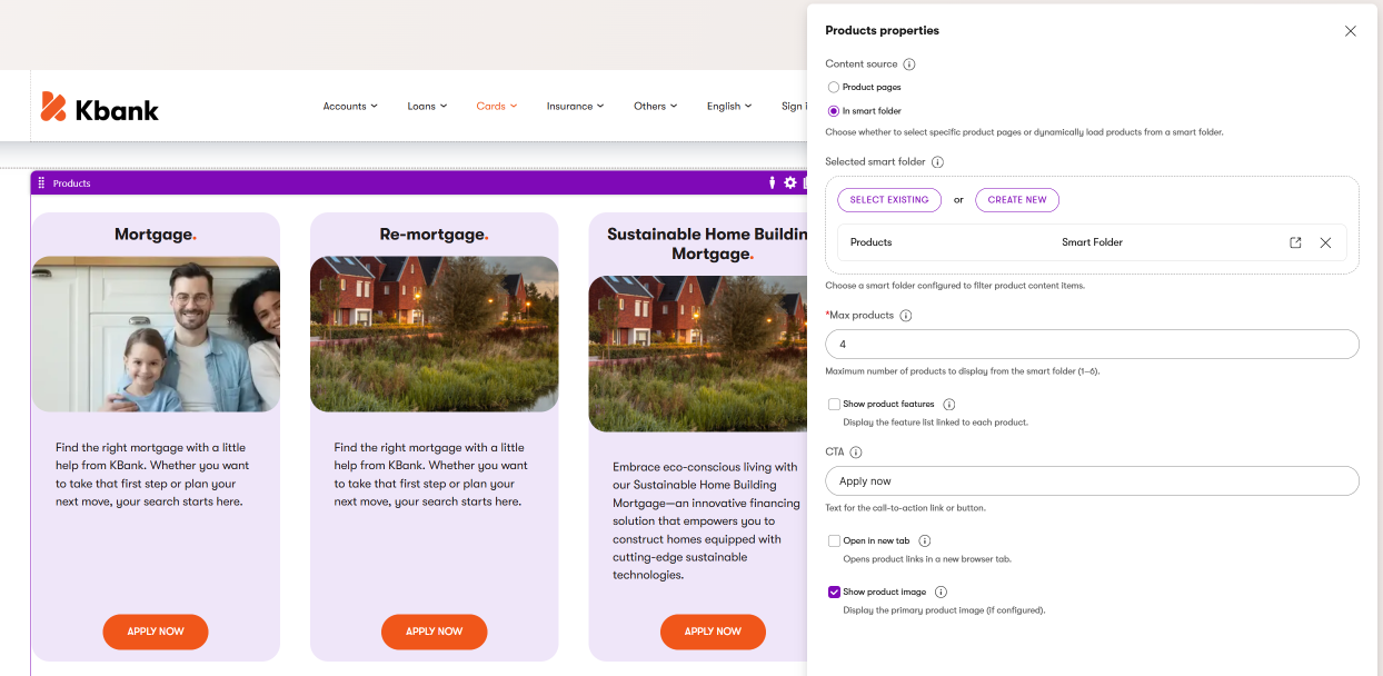 Widget that displays products from a smart folder on Kbank demo site