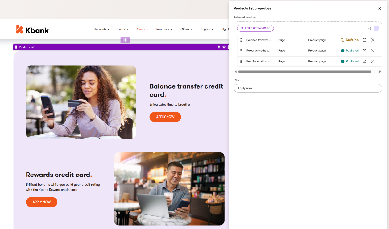 Product list widget on the Kbank demo site