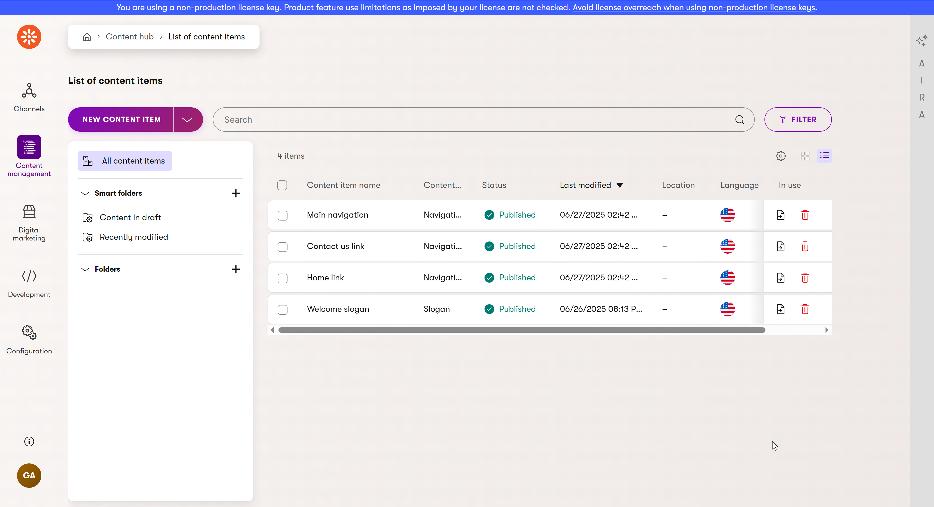 Screenshot of Content hub ‘All items’ listing