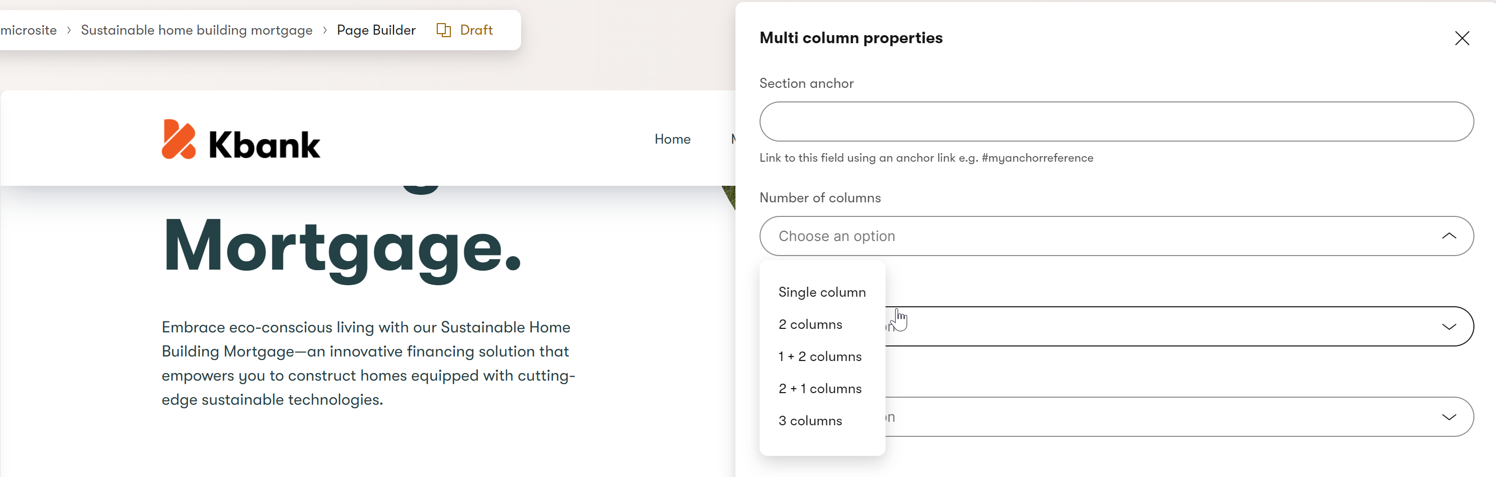Multicolumn section properties on the Kbank demo site