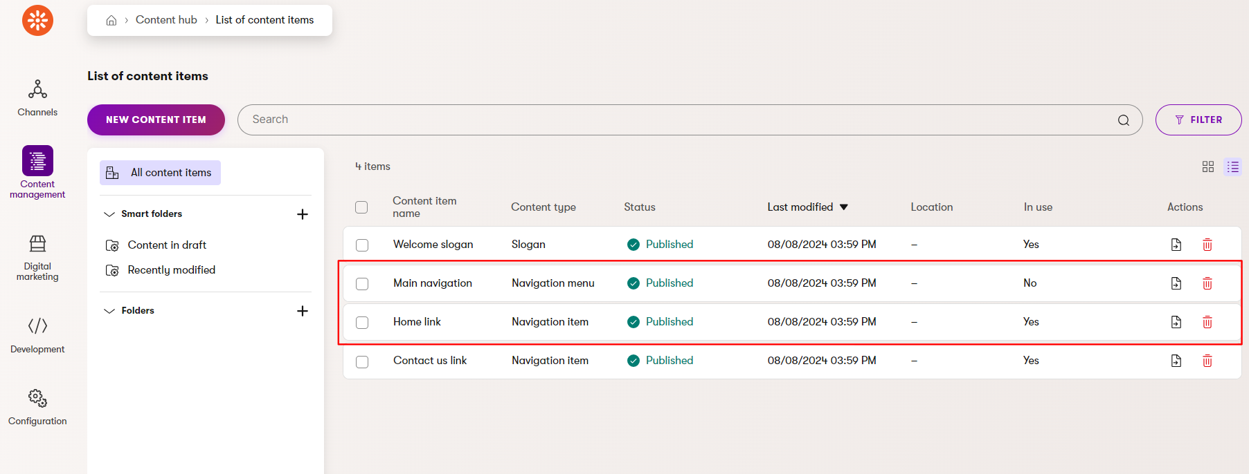 Navigation items in the Content hub