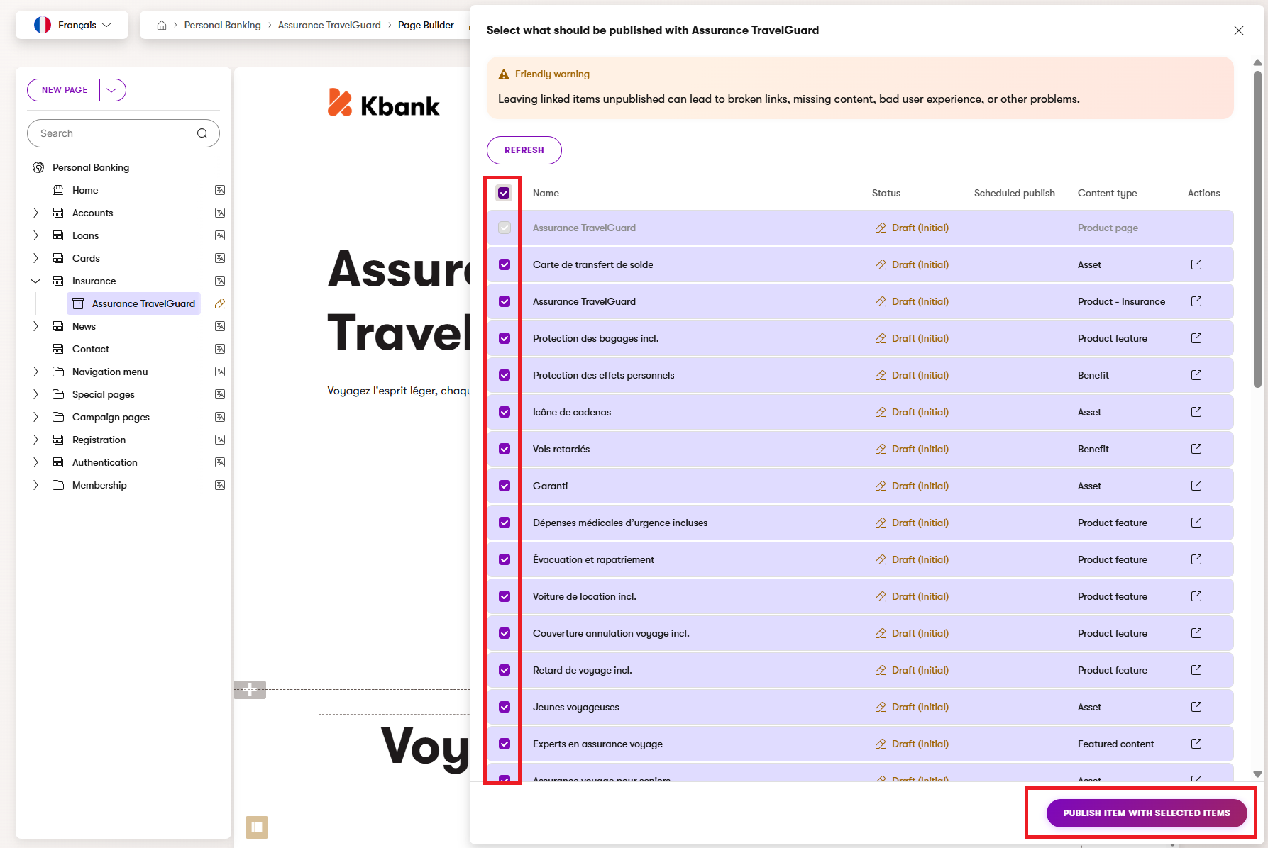 Selecting the page’s linked items for publishing