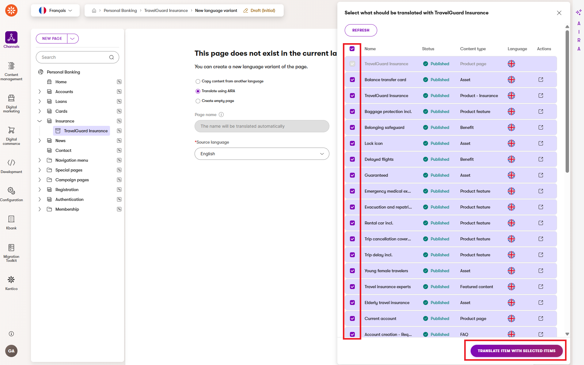 Selecting linked items to include in the AIRA translation cascade