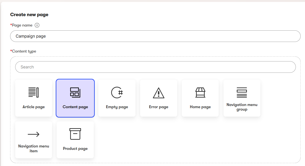 Create a new page dialog