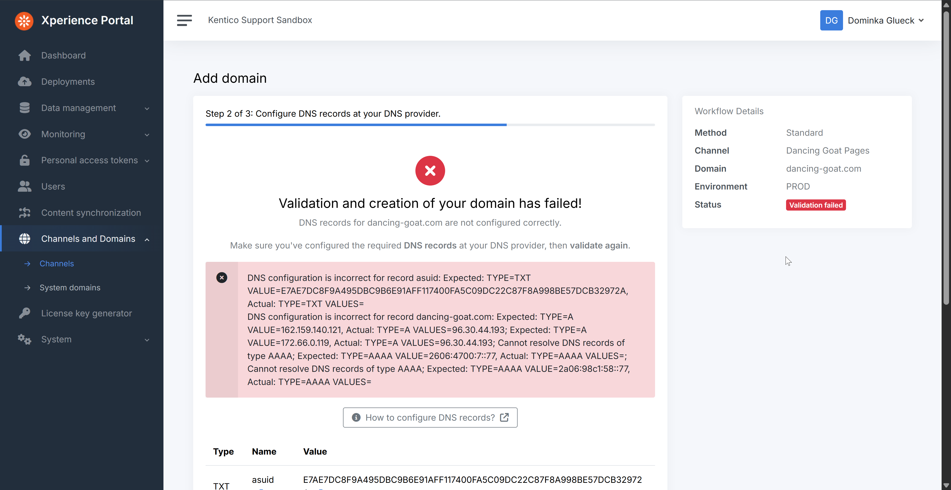Showing a status in Xperience Portal when a validation of certain DNS records failed