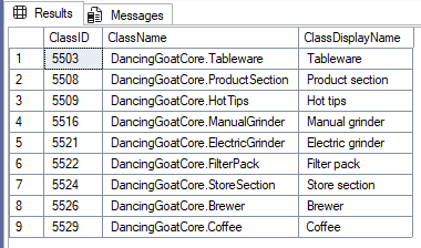 Screenshots of the result of the above query, listing the ID, name, and display name of page type classes from the /Store path