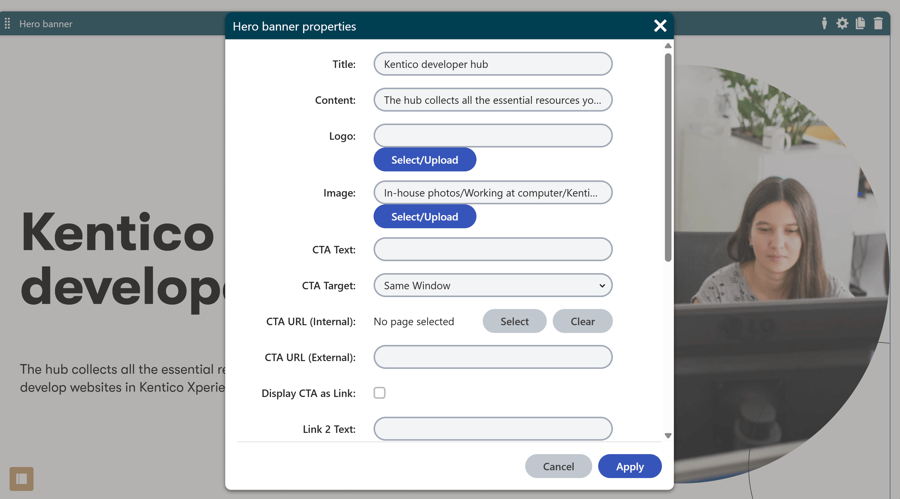KX13 instance showing a Hero Banner widget with the Cloudinary control property