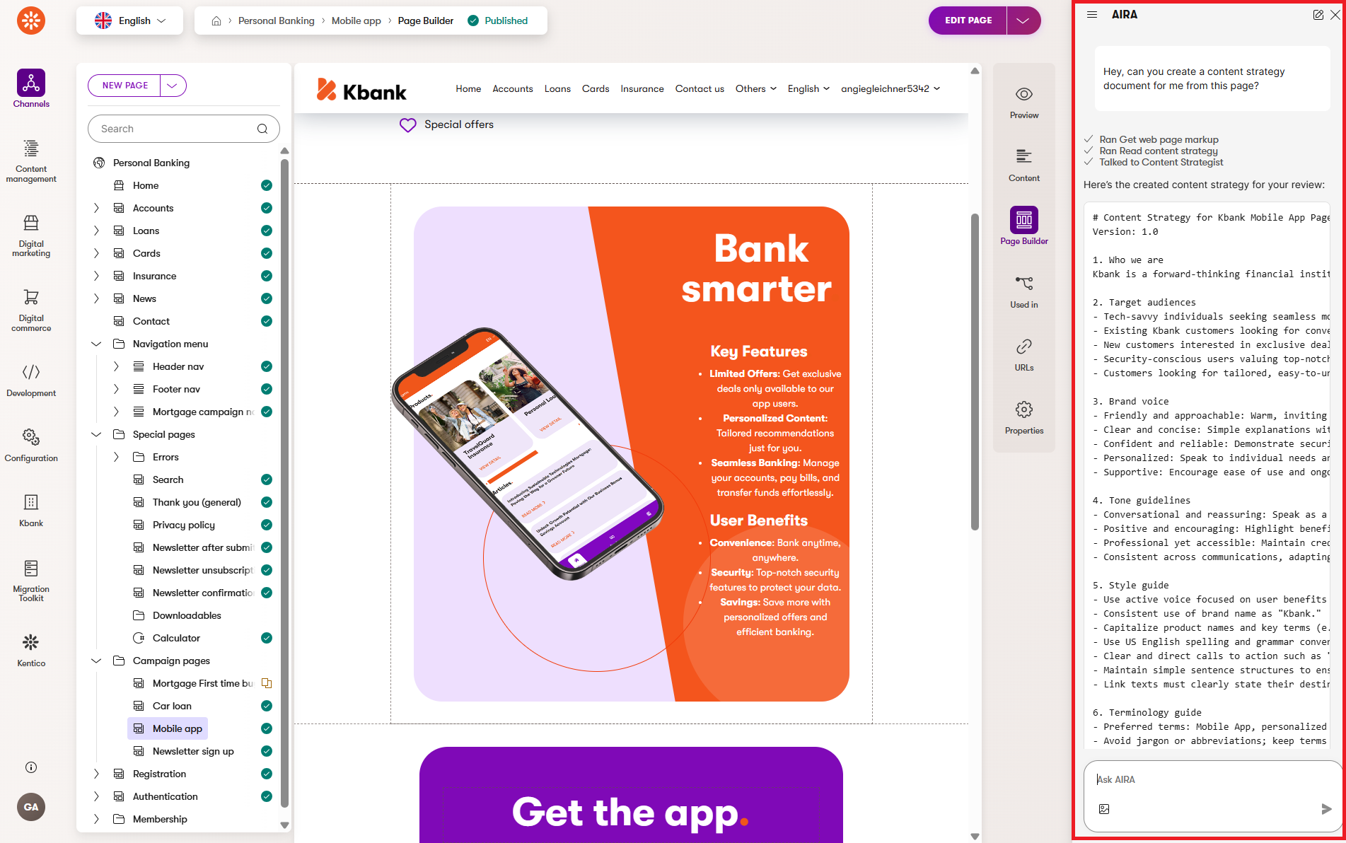 Aira chat window with the Content Strategist agent