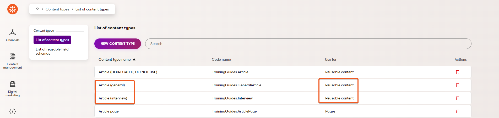 Reusable content types