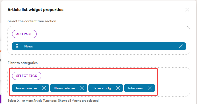 Choosing tags to filter displayed articles.