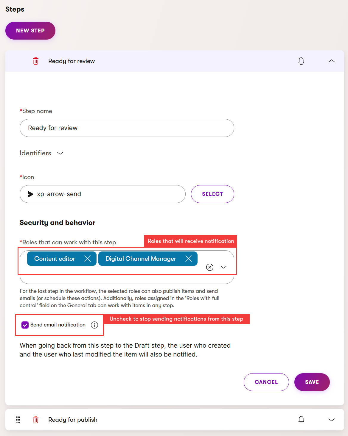Setting up notifications in custom workflow step