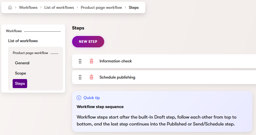 Overview of all new steps between Draft and Published